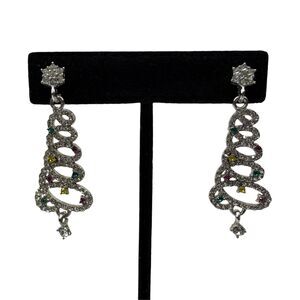 Christmas Tree Dangle Earrings Silver Tone Multicolor Rhinestone Holiday 1.5"
